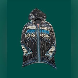 Johnny Was Silk Velour Charcoal Hooded Zip Up - Blue Green & White Embroidered
